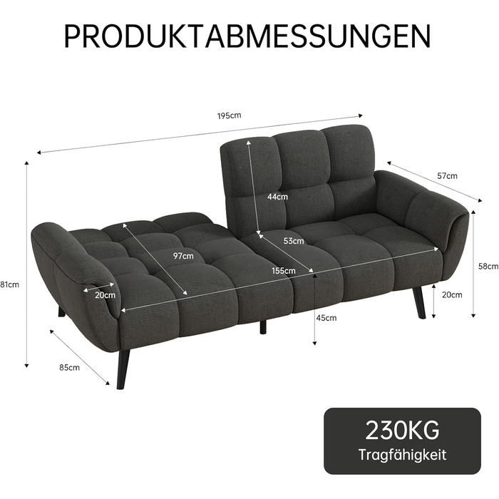 Диван з функцією сну, розкладний диван, 3-місний диван-ліжко, 155x85 см, зручний та підходить для вітальні, офісу, кімнати відпочинку, спальні (темно-сірий)