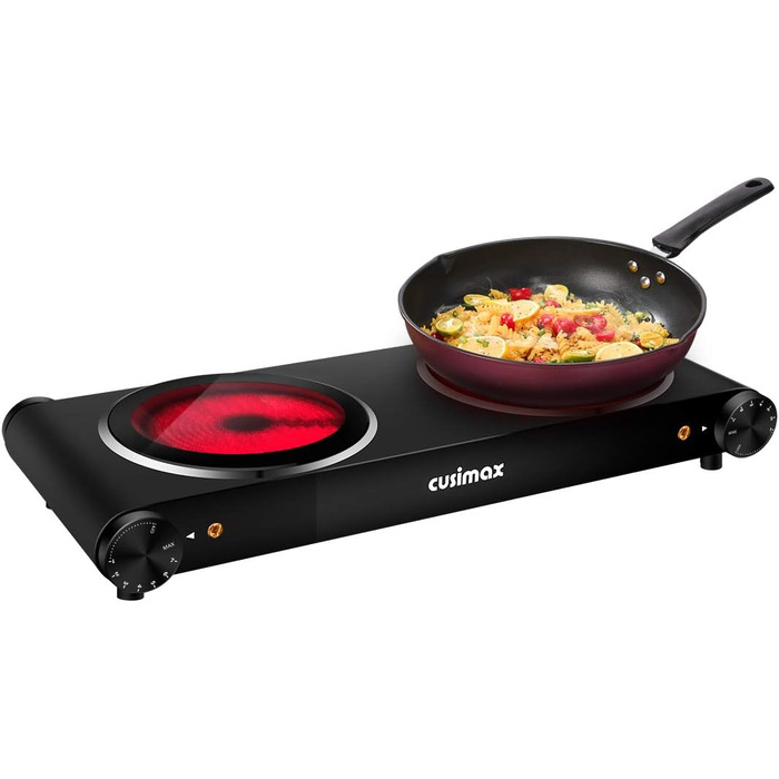 Інфрачервона варильна поверхня CUSIMAX 2 шт. 1200 Вт 1200 Вт Електрична варильна поверхня зі склокераміки, портативні подвійні варильні поверхні з регулюванням температури для зовнішнього/внутрішнього використання, для всіх типів гончарів, чорна нержавіюч