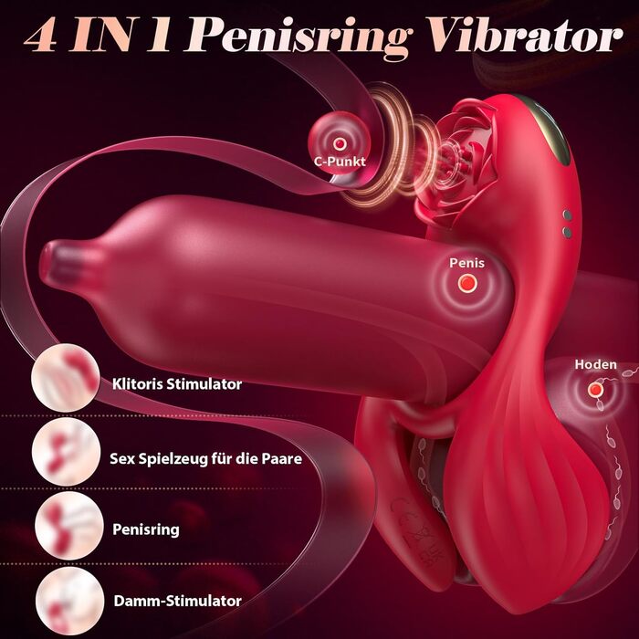 Ерекційне кільце 3 в 1 rinofans, з вібрацією, червоне, 7 режимів, стимулятор клітора та подовжувач ерекції