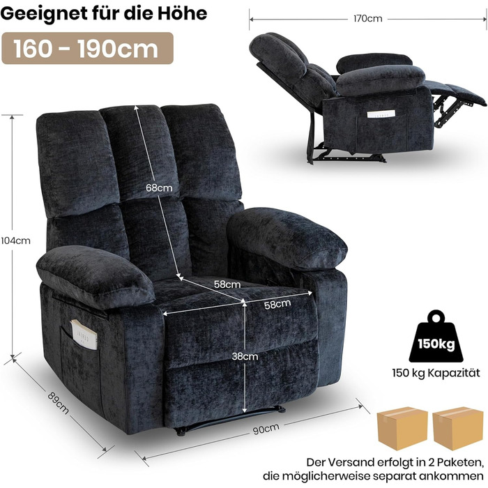 Крісло для телевізора з функцією відкидання, відкидне крісло з імітацією лляної тканини, крісло/відкидне крісло, вантажопідйомність до 150 кг, для вітальні (темно-сіре, маленьке)