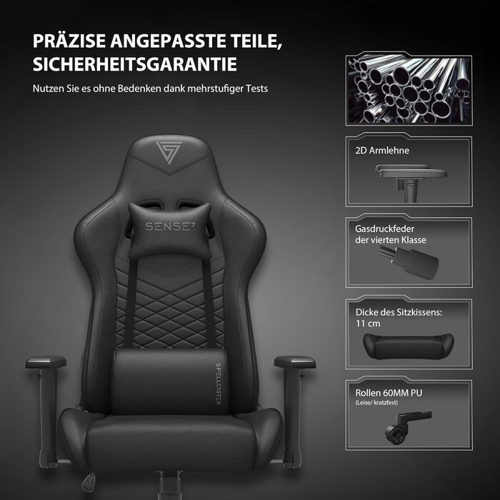 Офісне крісло Gaming Spellcaster, ергономічне крісло для геймерів, підлокітники, цільна сталева рама, регульований кут нахилу, чорний колір, 43-52 x 69,5 x 57 см, 5907783039720, шкіра чорного кольору