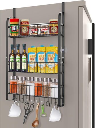 Полиця для холодильника з вуглецевої сталі, 3-секційна полиця для спецій (не потребує свердління), підвісна полиця з 8 гачками, підвісна кухонна полиця, органайзер для спецій з клейкими смужками