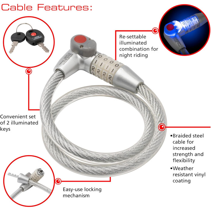 Велозамок Burg-Wchter спіральний з кодовим замком та підсвічуванням, модель 230 180 L з тримачем, захист від крадіжки, довжина 180 см, діаметр 12 мм, асортимент кольорів, довжина тримача 65 см