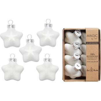 Ялинкові прикраси, зірки, 4 см, скло, 8 шт. - матові та глянцеві - маленькі ялинкові кульки - Ялинкові кульки та ялинкові прикраси на Різдво, білі - Чисто білий