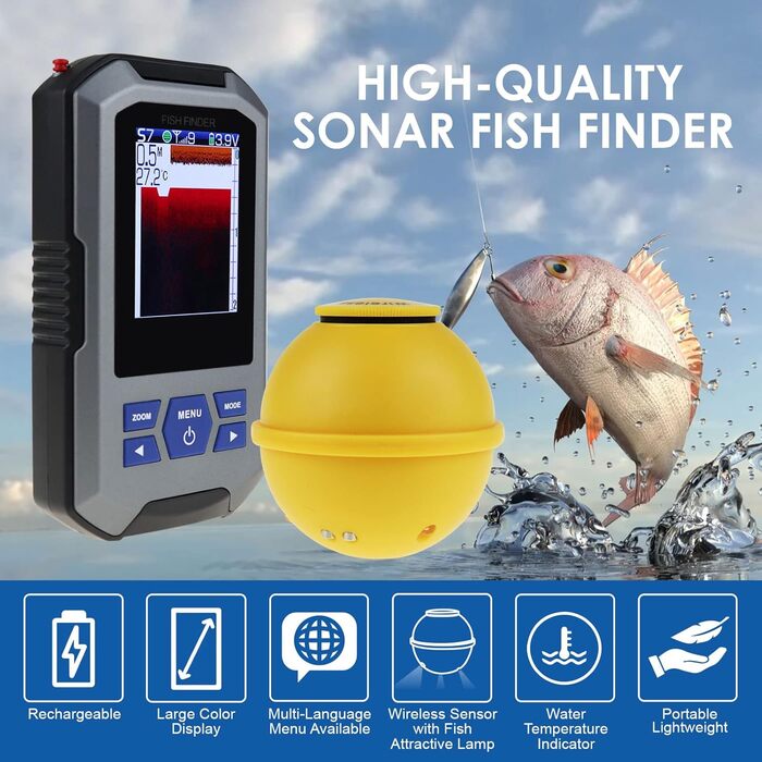 Бездротовий датчик ехолота 125 кГц, частота 45 метрів/147 футів, функція сигналізації глибини та великий РК-дисплей