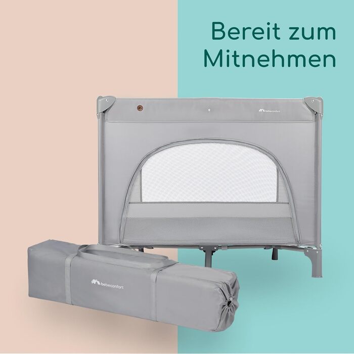 Дитяче ліжечко-манеж 2-в-1, 0-3 роки (15 кг), Компактне дорожнє ліжечко, Бічне вікно, Великий матрац, Сумка для перенесення, Складане, Стабільне, Мінерально-сірий колір