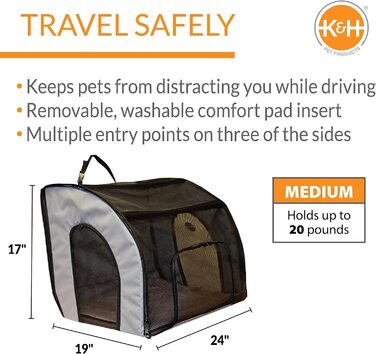 Автокрісло для собак K&H Pet Products, закрите, дорожнє, безпечне для домашніх тварин, автокрісло для собак, мякі боковини, крита переноска для домашніх тварин, миється, кілька входів, сітчасте вікно