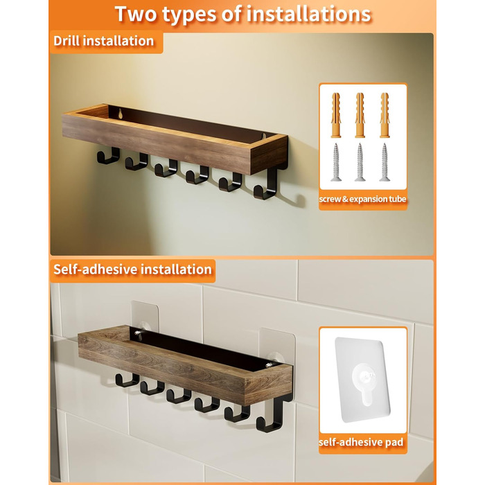 Ключниця з дерев'яним лотком і 6 гачками - багатофункціональна ключниця/дошка для ключів, ключниця з поличкою для передпокою, спал