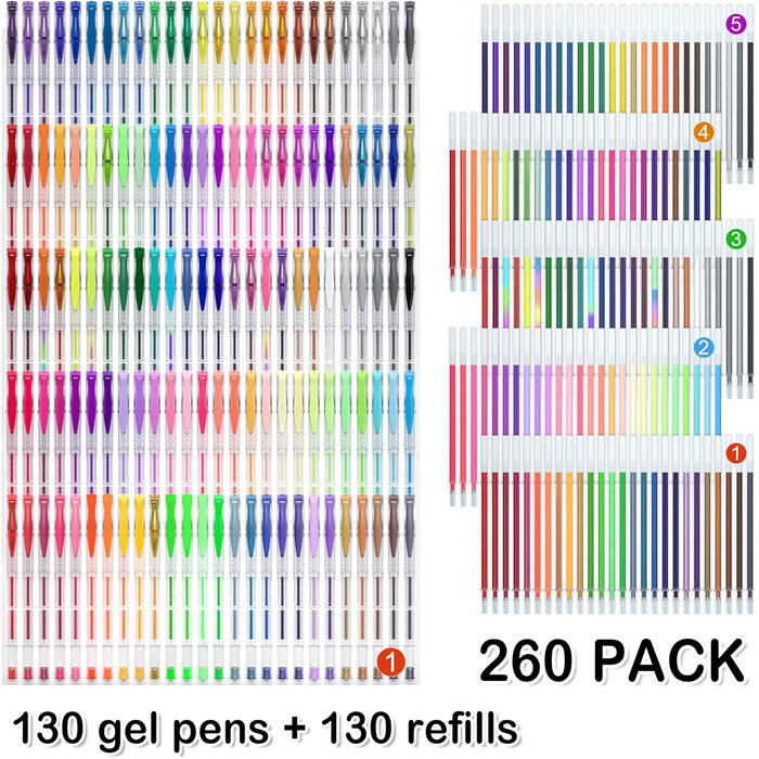 Набір гелевих ручок Shuttle Art, 260 шт. 220 більше чорнила 130 гелевих ручок зі 130 змінними наповнювачами, з блискітками, неоновими, пастельними, металевими олівцями, блискітками для дітей та дорослих для написання розмальовок