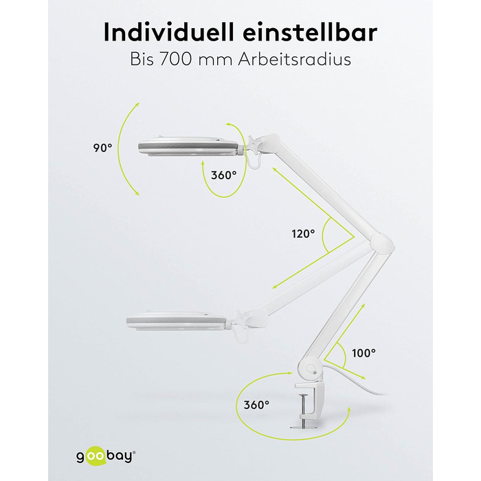 Світлодіодна лампа-лупа goobay 60362 з затискачем / споживана потужність 9 Вт / лінза з кришталевого скла 127 мм/колірна температура 6400 K / 1.75 шт. збільшення/світловий потік 83-730 люмен/біла версія 2023 року