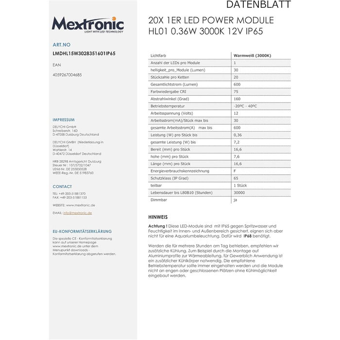 Набір світлодіодних модулів 20 шт. LED-модуль живлення HL01 0.36W 3000K 12V IP65