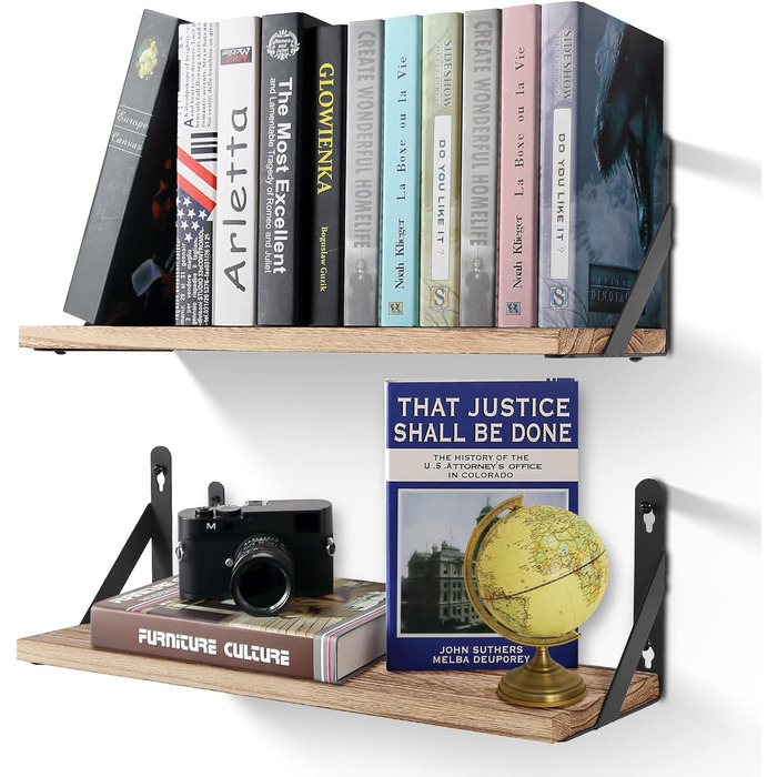 Настінна дерев&39яна полиця Uten Rustic, плаваюча полиця 42 см, комплект з 2 предметів з металевим дротом для вітальні, спальні, кухонної полиці, кольору дерева, вінтажний світло-коричневий B - колір дерева