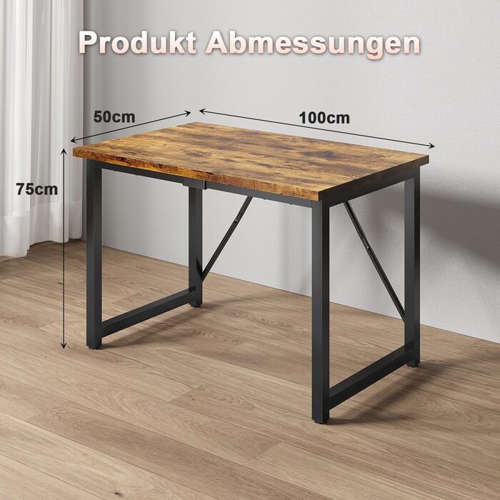 Письмовий стіл 100 x 50 x 75 см, Комп&39ютерний стіл з регульованими ніжками, гачками, вантажопідйомність 60 кг та водонепроникна стільниця, для домашнього офісу та навчання, вінтажний коричневий 100 x 50 см коричневий