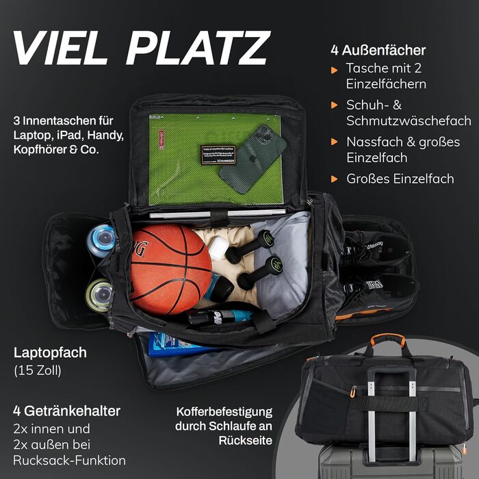 Спортивна сумка ПЕРЕРОБЛЕНИЙ ПЕТ 50 л Сумка для спортзалу та рюкзак в одному водонепроникна тренувальна сумка для чоловіків та жінок спортивний рюкзак з відділенням для взуття, сумка для фітнесу та подорожей, велика Obsidian Ember Black