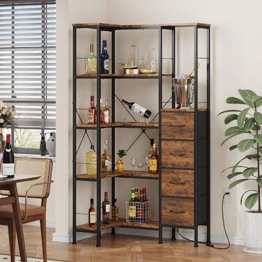 Ярусна кутова полиця, стояча, зі світлодіодним освітленням та 4 шухлядами, полиця, книжкова шафа, кухонна полиця, полиці, кутова шафа, для вітальні, спальні, офісу, кухні, вінтажний коричневий, 5-