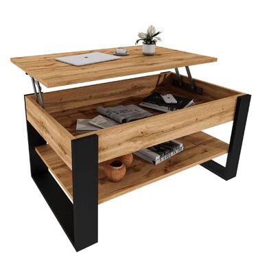 Журнальний столик з регульованою висотою та місцем для зберігання - Журнальні столики - Розкладний стіл для вітальні - Журнальний столик з регульованою висотою - Стіл для вітальні дерев&39яний коричневий Вотан/чорний.