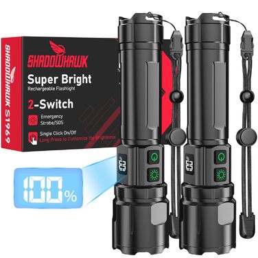 Акумуляторний світлодіодний ліхтарик Shadowhawk (2 шт.) Тактичний ліхтарик (2 перемикачі) 500 000 люменів надзвичайно яскравий, дальність до 1000 м, 12 годин роботи для кемпінгу/природи/походів, регульована яскравість, чорний
