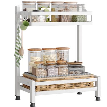 Багатофункціональна підставка для спецій NETEL, стояча, 2 рівні, підставка/тримач для спецій з нержавіючої сталі, органайзер для кухонних полиць на 4 гачки, біла, 2 рівні (базова модель)