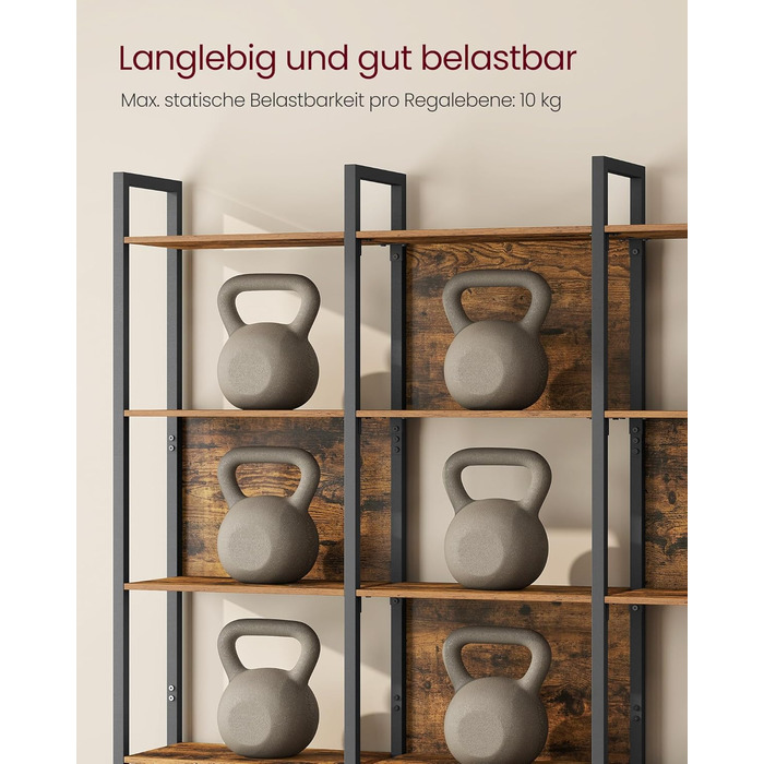 Книжкова полиця VASAGLE, кухонна полиця, окремостояча полиця з 5 відкритими полицями, для коридору, кухні, офісу, міцна сталева рама, промисловий дизайн, 24 x 128 x 154,1 см, вінтажний коричнево-чорний LLS150K01 24 x 128 x 154,1 см (5 рівнів)