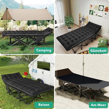 Розкладне похідне ліжко з матрацом, туристичне ліжко, легке, до 208 кг, гостьове ліжко, складне з сумкою для перенесення, сталеве туристичне ліжко для дорослих, для вулиці, приміщень, саду, подорожей, розкладне ліжко, чорне XL 190x735см