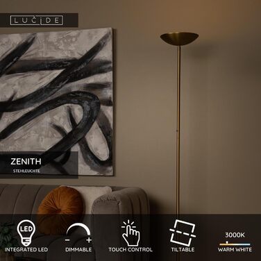 Підлоговий світильник LUCIDE ZENITH LED з димером, 20Вт, 3000К, матове золото/латунь, Ø 25,4 см, висота 180 см