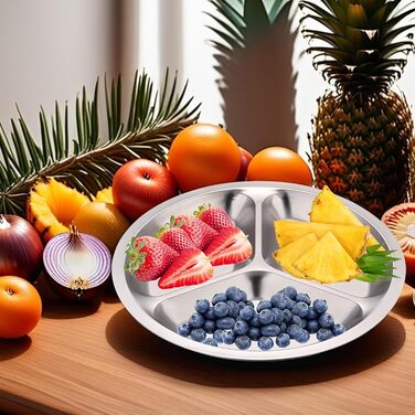 Набір з 3 тарілок з нержавіючої сталі, 24 см, розділені обідні тарілки з 3 секціями, для дітей, дорослих, кемпінгу та контролю порцій