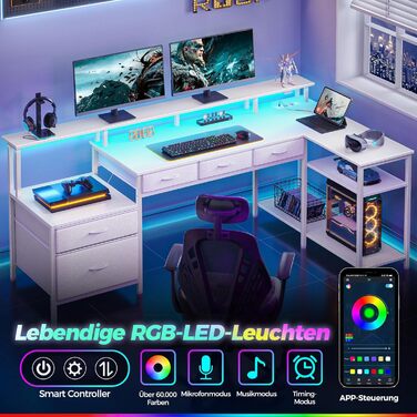 Г-подібний письмовий стіл на сім столів, комп&39ютерний стіл з розеткою, світлодіодним освітленням та підставкою для монітора, кутовий стіл з двостороннім розташуванням головок та шухлядами, ідеально підходить для спальні, офісу, вітальні, білий