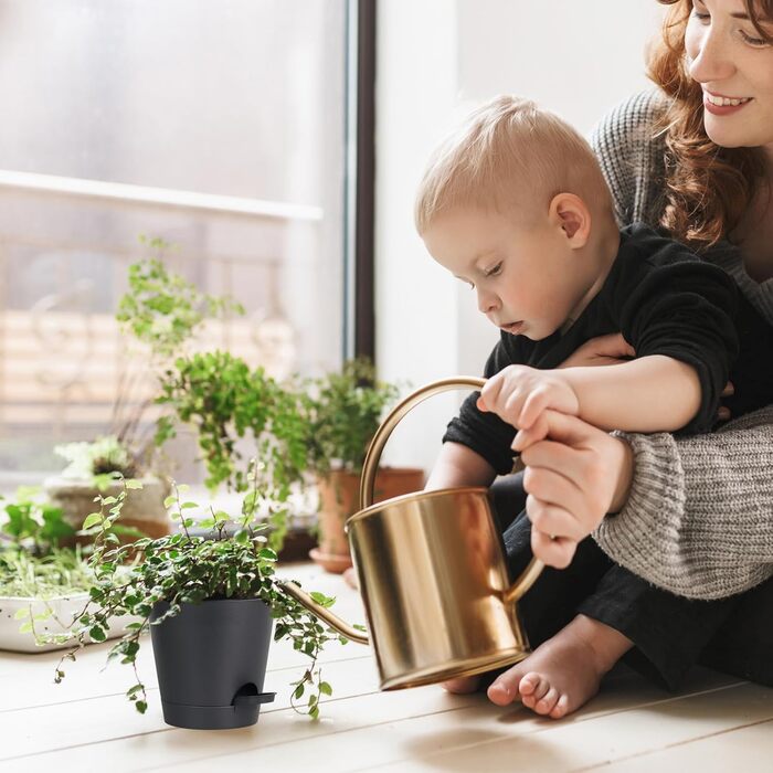 Набір із 6 самополивних квіткових горщиків, 20,3/17,8/16,5/15,2/14/12,7 см, горщики для рослин із системою поливу, кашпо з блюдцем, набір квіткових горщиків, ідеально підходить для кімнатних та балконних садів, чисто чорний колір