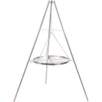 Поворотний гриль REDCAMP з решіткою для гриля, включаючи ланцюги, регульована висота, поворотний гриль для кемпінгу з нержавіючої сталі з круглою решіткою для гриля та сумкою для перенесення для барбекю на свіжому повітрі, сріблястий