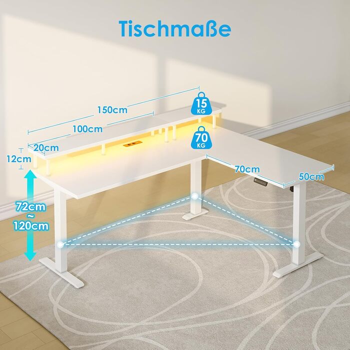 Стіл OffiGo з регульованою висотою, кутовий стіл 150x120 см з кріпленням для монітора, електричний L-подібний стіл з розетками, комп&39ютерний стіл зі світлодіодною стрічкою для офісу, білий