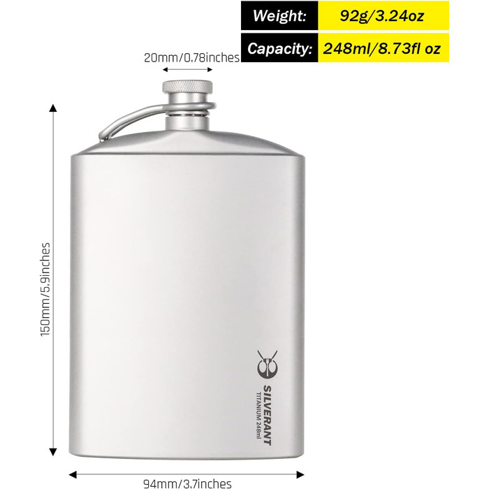 Титанова фляга SILVERANT, 248 мл, надлегка, портативна, герметична, з гвинтовою кришкою, шнурком, тканинним чохлом і лійкою для за