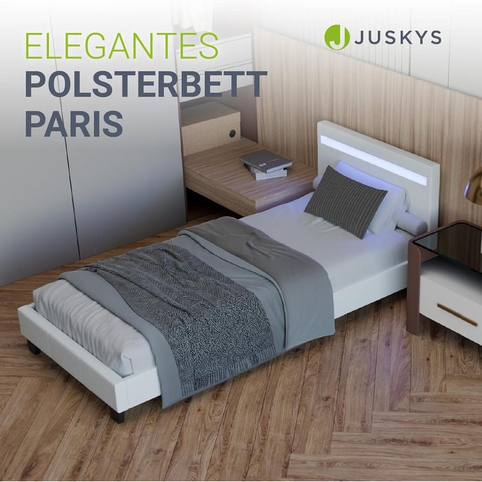 Ліжко Juskys Paris з м&39якою поверхнею 90x200 см зі світлодіодним освітленням, рейковим каркасом та узголів&39ям, ліжко з дерев&39яним каркасом та чохлом зі штучної шкіри, біле 90 x 200 см