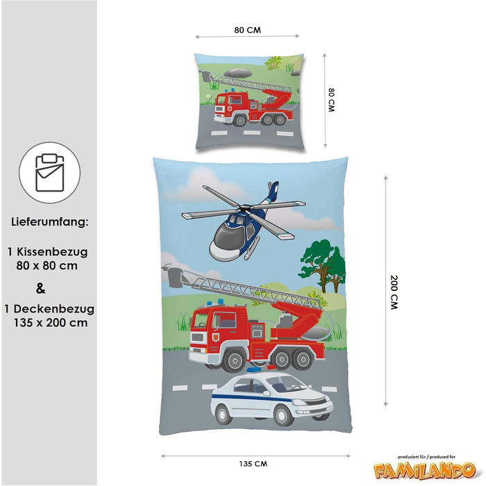 Дитяча постільна білизна Familando з мотивом поліцейської пожежної бригади з 100 бавовни - постільна білизна з двостороннім мотиво