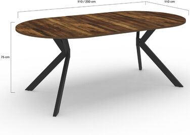 Розкладний круглий обідній стіл ALIX 4-10 персон на ніжках-павуках, темне дерево Hawkins та чорний 110-200 см