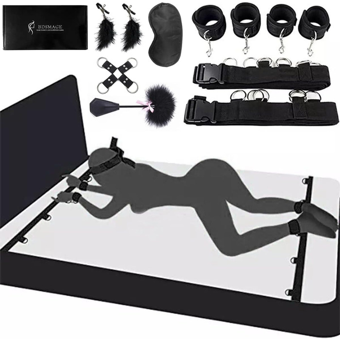 БДСМ набір із 7 предметів, набори ліжок SM, хлист із піря та маска для очей, кайдани, наручники, манжети на щиколотках, піря, затискачі для сосків, фетиш-секс-іграшка, екстремальний бондаж-набір для кріплення до ліжка для пар