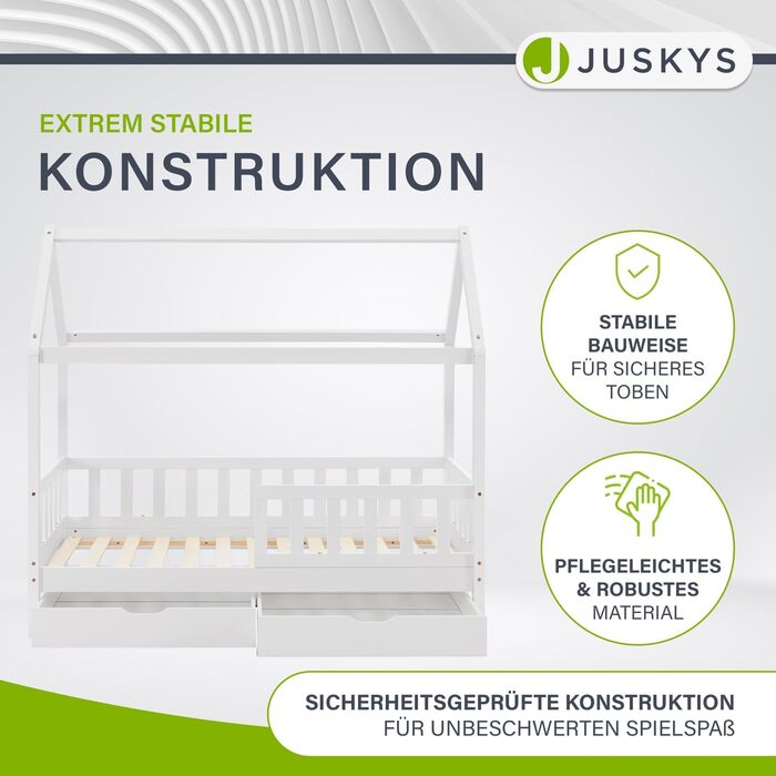 Дитяче ліжко Juskys Marli 90 x 200 см з матрацом, ящиком для ліжка, захисними поручнями, рейковою основою та дахом - Ліжко-будиночок з масиву дерева для дітей - Ліжко білого кольору