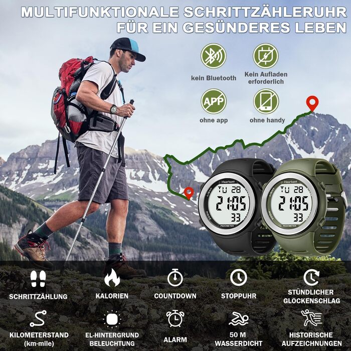 Водонепроникний годинник-крокомір для людей похилого віку без Bluetooth, не потрібен додаток, з крокоміром, лічильником калорій та великими РК-цифрами, чорний