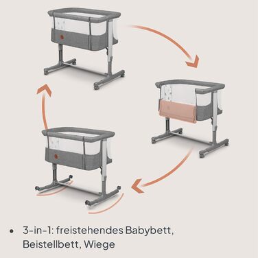 Дитяче ліжечко Lionelo Aurora 3-в-1 (до 9 кг), приліжкове ліжечко, колиска, регулювання висоти та нахилу матраца, 4 колеса з гальмами, ергономічний матрац, сумка для зберігання, сірий колір, великий розмір