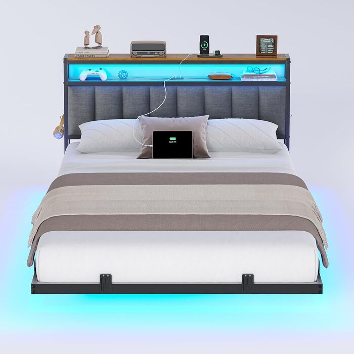 М&39яке ліжко 140x200 см із зарядною станцією та світлодіодним освітленням, каркас двоспального ліжка з місцем для зберігання, узголів&39ям та рейковою основою, плаваючий візуальний ефект, сучасний лляний каркас ліжка, матрац не входить до комплекту, темн