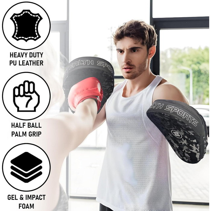 Накладки на руки Stealth Sports, вигнуті боксерські щитки, шкіряні щитки, накладки для фокусування для боксу, ММА, кікбоксингу, муай-тай, карате, бойових мистецтв, тхеквондо, накладки для хука та джебу, чорний камуфляжний візерунок