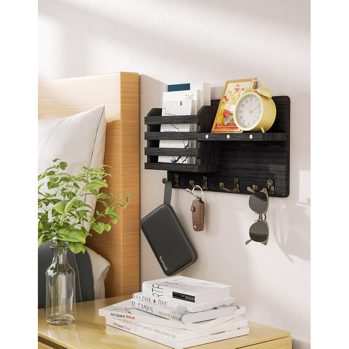 Ключниця - Ключниця на магніті, ключниця з 4 подвійними гачками для ключів, декоративна ключниця з дерев'яною поличкою для входу,