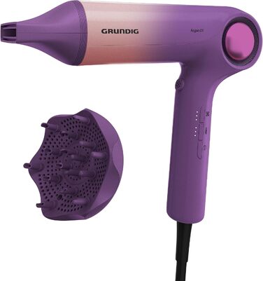 Фен Grundig HD 9480 з іонізацією та високошвидкісним BLDC-двигуном Ефект анти-фриз, дифузор та насадка для стайлінгу 1600 Вт, рожево-фіолетовий
