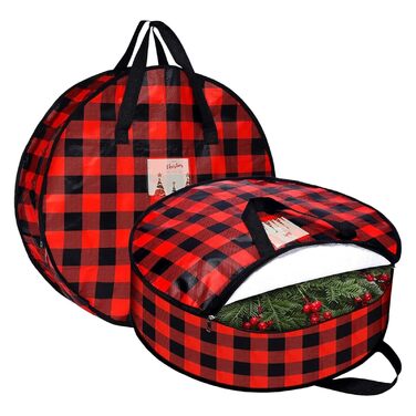 Контейнер для зберігання різдвяного вінка 2 шт. и, картатий візерунок Коробка на блискавці та ручкі для шафи, будинку, горища, підвалу, гаража, Різдва, спальні, гуртожитку 61 x 18 см