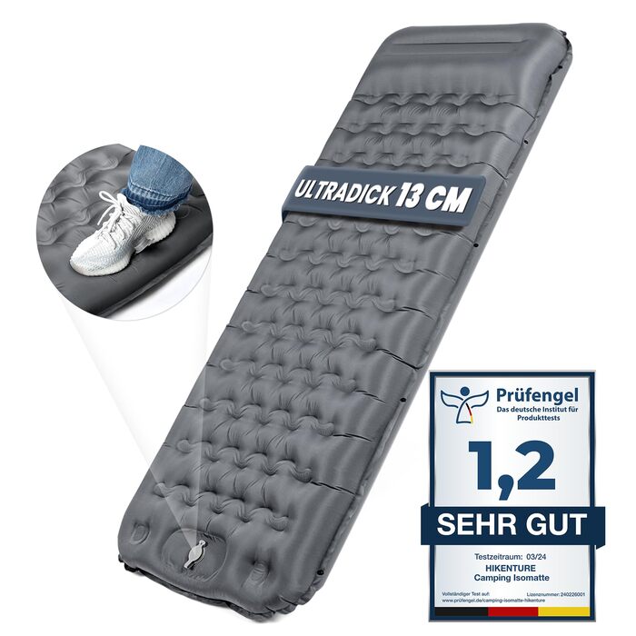 Килимок для сну HIKENTURE, 13 см ультратовстий кемпінговий килимок для сну з подушкою, надувний повітряний матрац, невеликий розмір упаковки, ультралегкий килимок для сну з ножним насосом для використання на свіжому повітрі, для походів, для намету, сірий