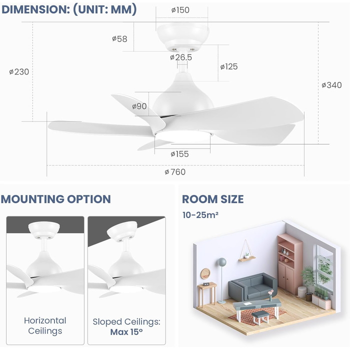 Стельовий вентилятор CJOY 76 см з підсвічуванням і пультом дистанційного керування Безшумний, лампа з вентилятором, що регулюється