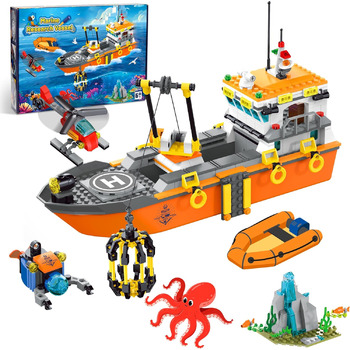 Міська плавуча іграшка для будівництва кораблів, океанський дослідницький корабель, човен, дослідницьке судно, іграшка зі світлодіодним підсвічуванням, гелікоптер, підводний човен, клітка для акул, подарунки на день народження для хлопчиків 6-12 років, ді