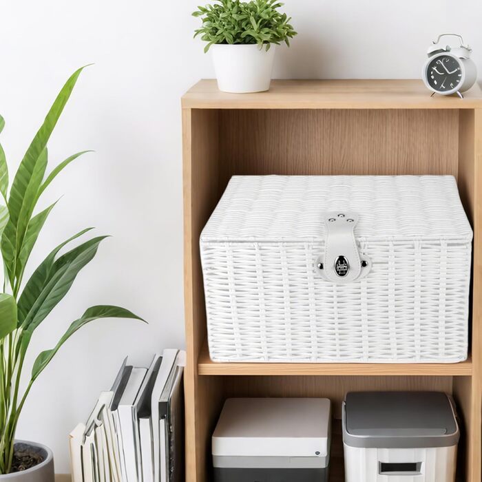 Набір із 3 білих плетених кошиків для зберігання з кришками та замками, плетені кошики для білизни з кришками, кошики з білої лози з лози з смоли для подарунків, одягу, маленькі/середні/великі