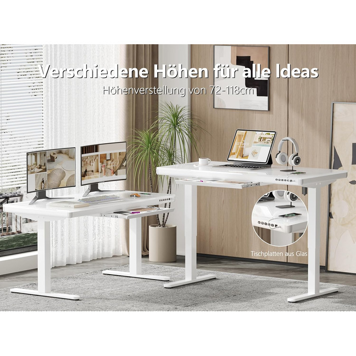 Стіл Homall Glass з регульованою висотою, 120 x 60 см, електричний стіл з регульованою висотою та шухлядою, стіл для домашнього офісу з можливістю сидіти та стояти, білий 120 x 60 см, білий
