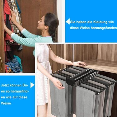 Вішалка для штанів для гардеробу, висувна вішалка для штанів, багатофункціональна підставка для штанів з 22 кронштейнами, вішалка для штанів з безшумним амортизатором, компактне сховище для гардеробів, чорний