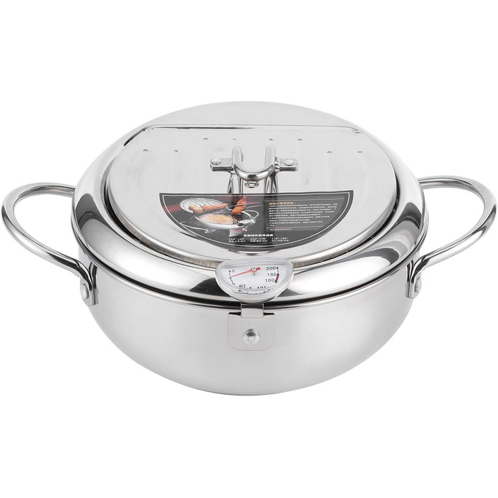 Горщик для фритюрниці, японська каструля з термометром, глибока фритюрниця з нержавіючої сталі 304 з осушувачем олії для чіпсів темпура, картоплі фрі, риби та курки (велика 24 см)